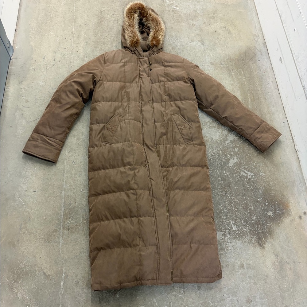 Vintage Utex Design Maxi Brown Hooded Puffer Coat With Real Fur Trim